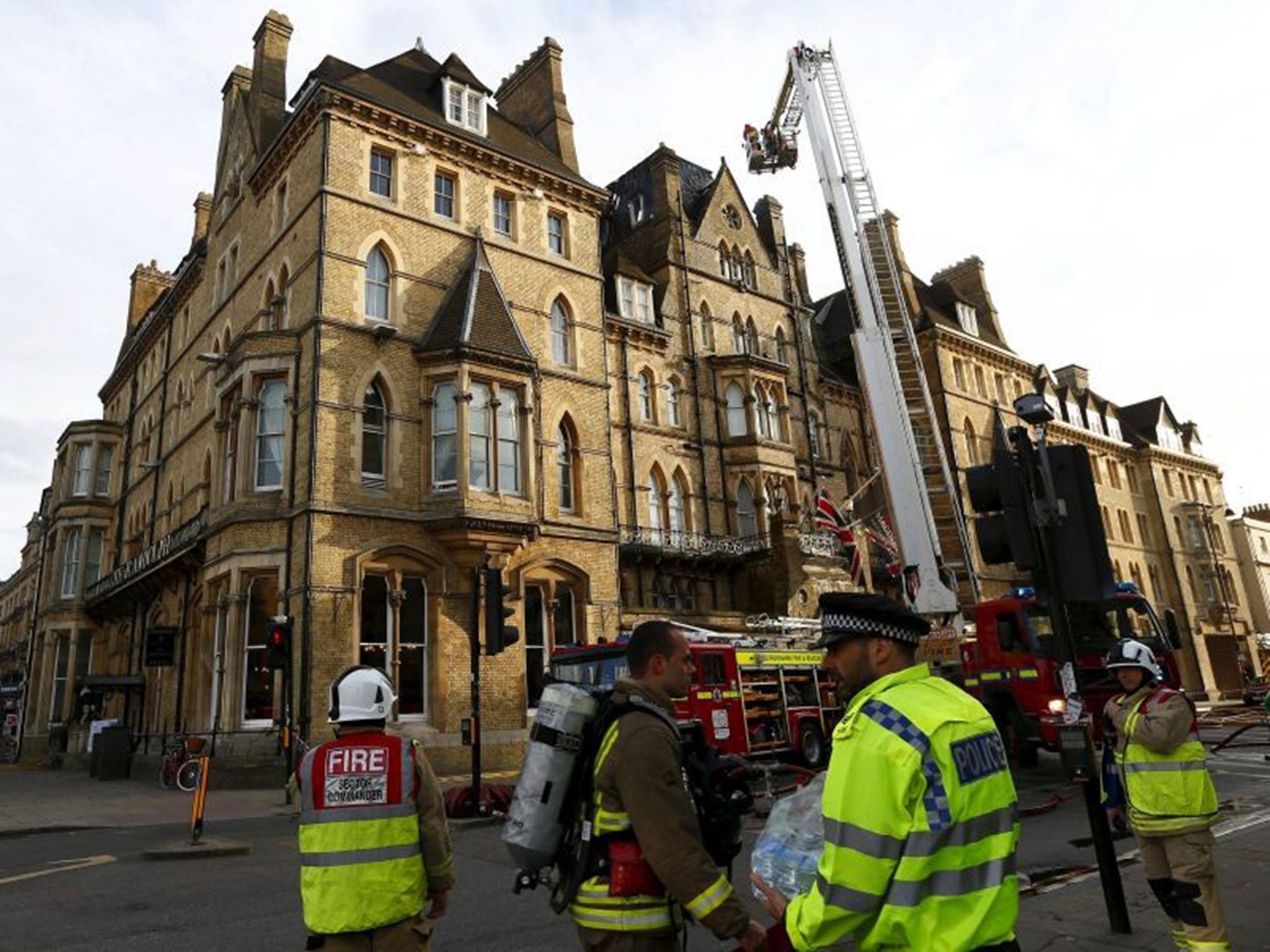 Firefighters attend a fire at the Randolph Hotel in Oxford on April 17