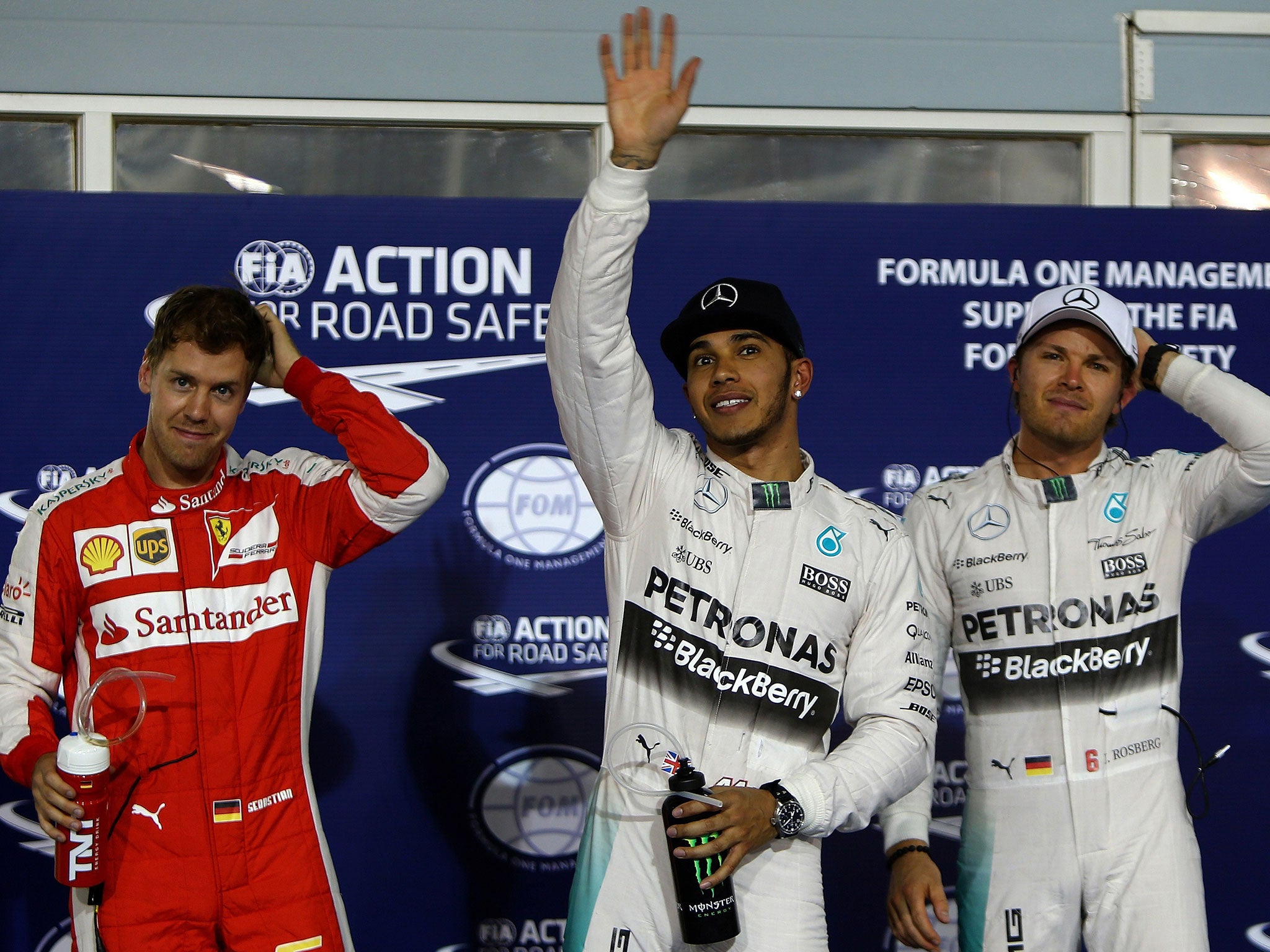 Lewis Hamilton will start the Bahrain Grand Prix from pole with Sebastian Vettel second and Nico Rosberg third