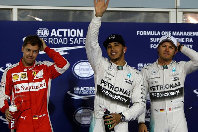 Lewis Hamilton will start the Bahrain Grand Prix from pole with Sebastian Vettel second and Nico Rosberg third
