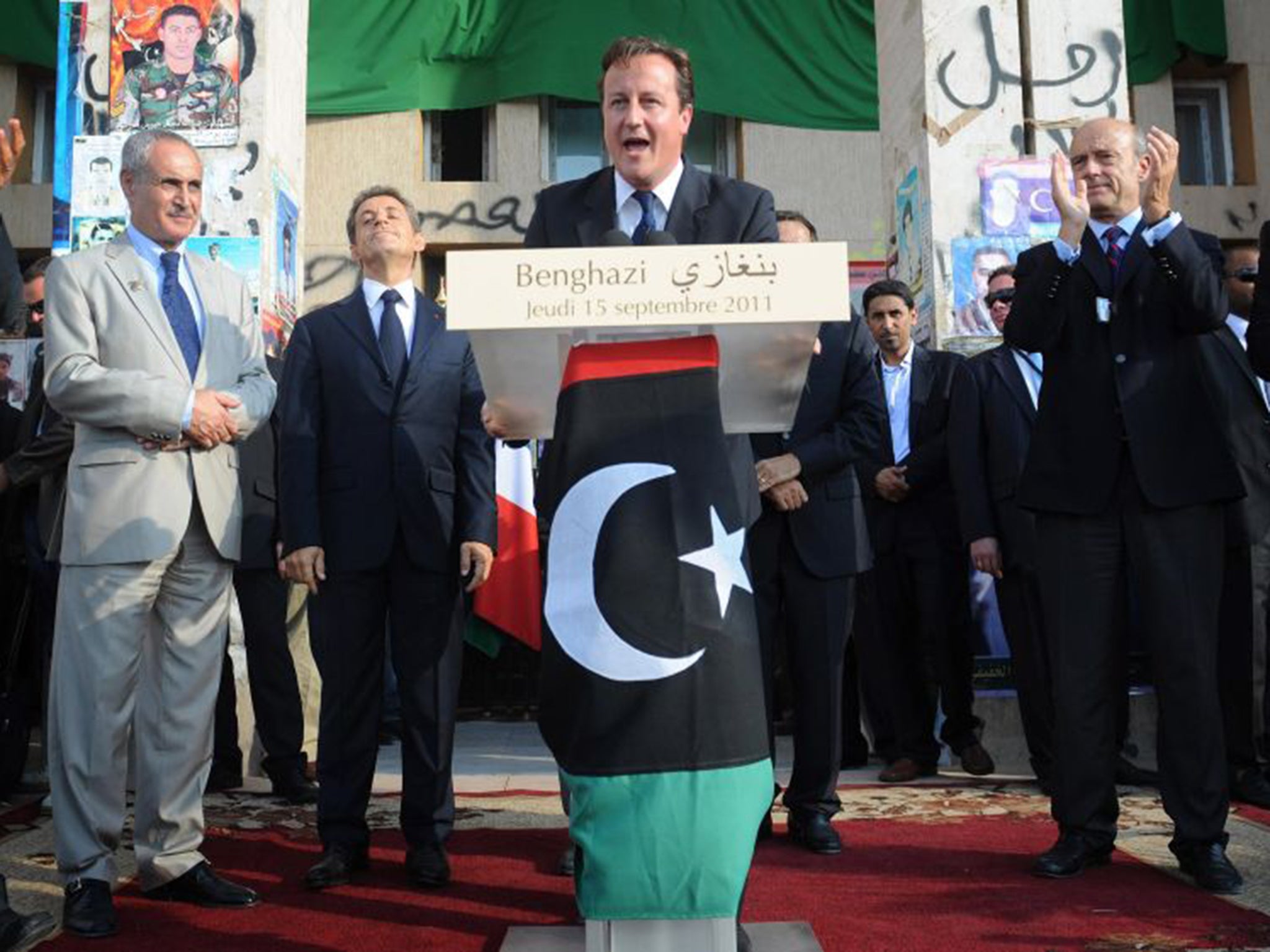 Hollow victory: David Cameron in Benghazi in 2011 after Gaddafi’s downfall