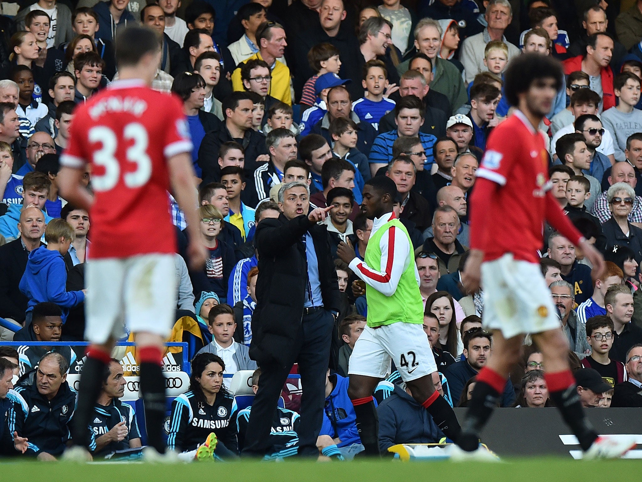 Jose Mourinho shouts the instructions from the sidelines in the win over Manchester United