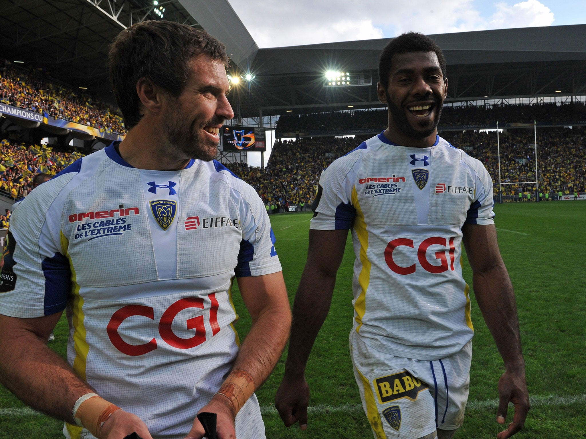 Drock James and Noa Nakaitici celebrate following the final whistle