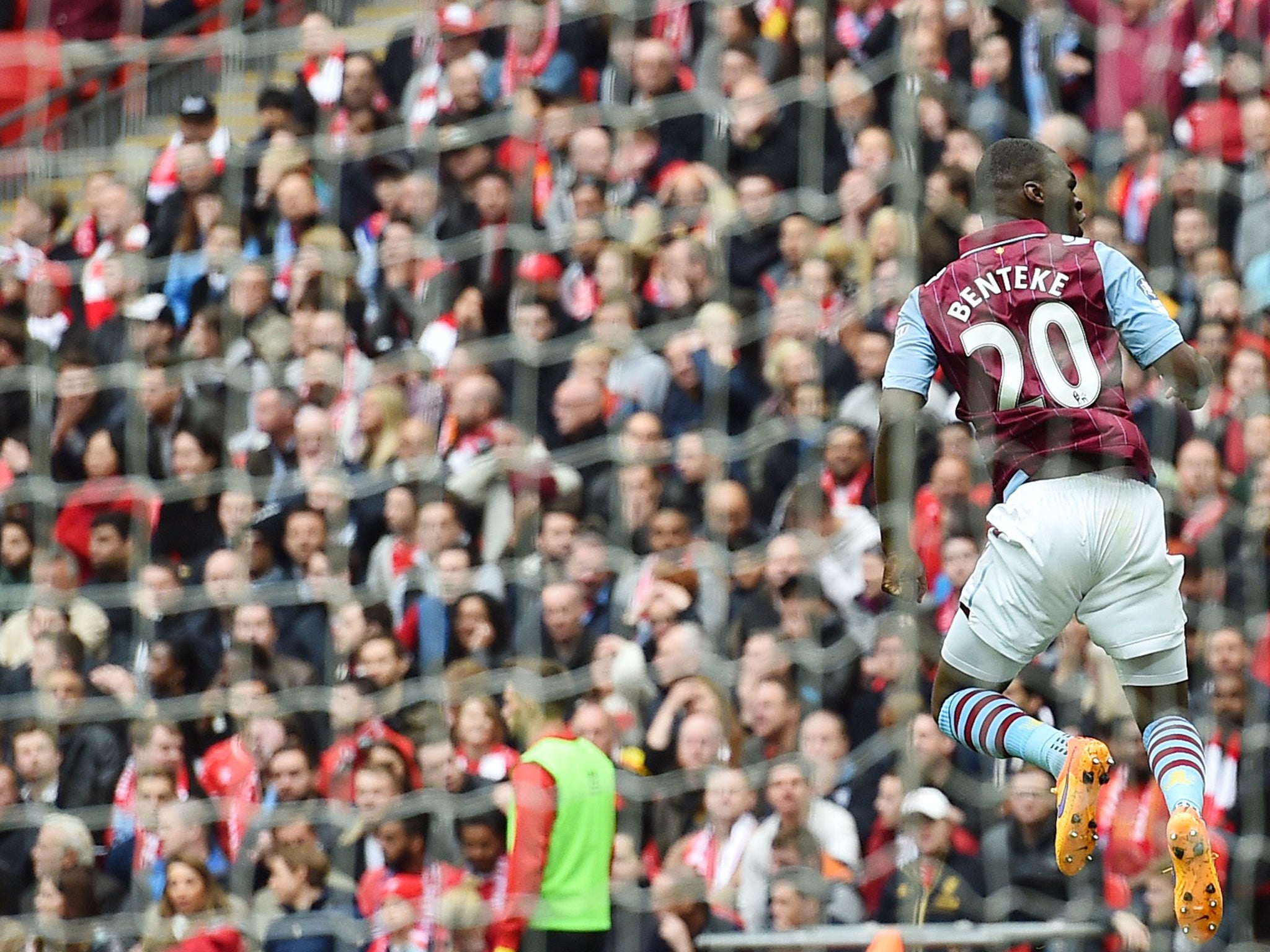 Christian Benteke celebrates the equaliser in the FA Cup semi-final win over Liverpool