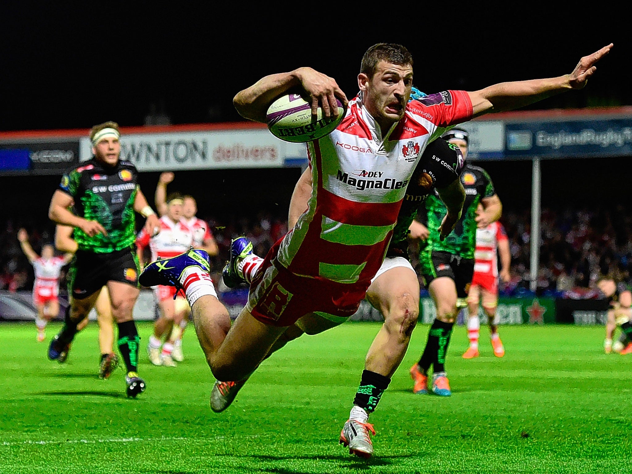 Jonny May scores Gloucester’s third and last try against Exeter during the 30-19 European Challenge Cup semi-final win at Kingsholm on Saturday