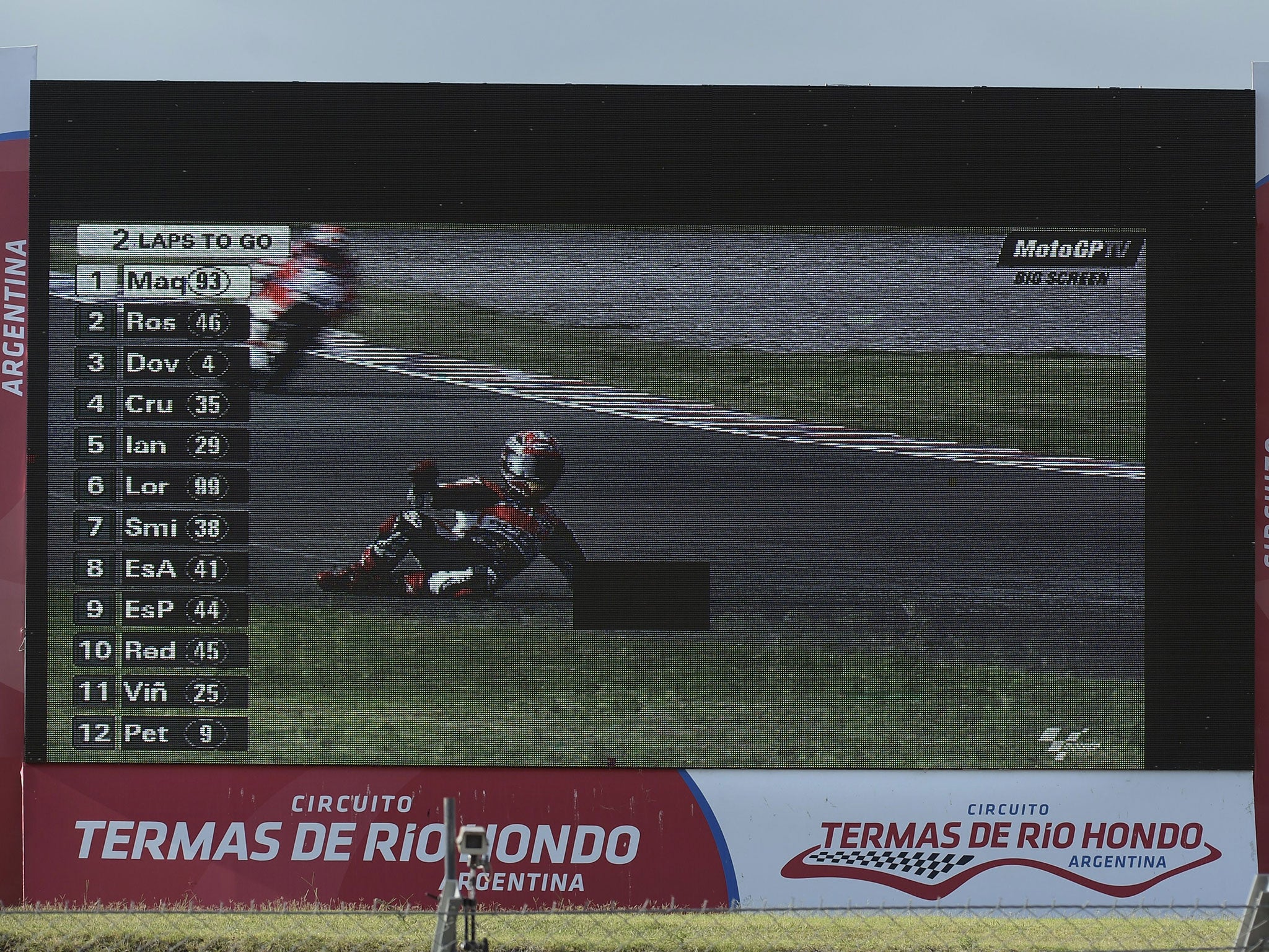 The big screen shows Marquez falling off