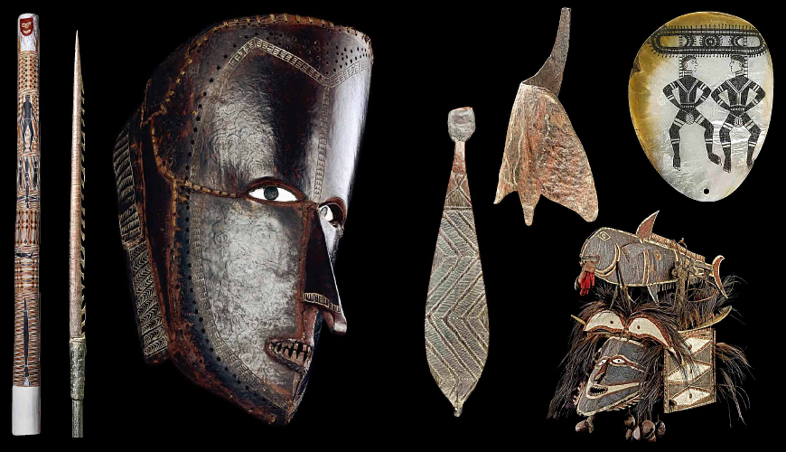 Beyond the mask: exhibits at 'Australia: Enduring Civilisation', including 'Barama', a memorial pole (above left)