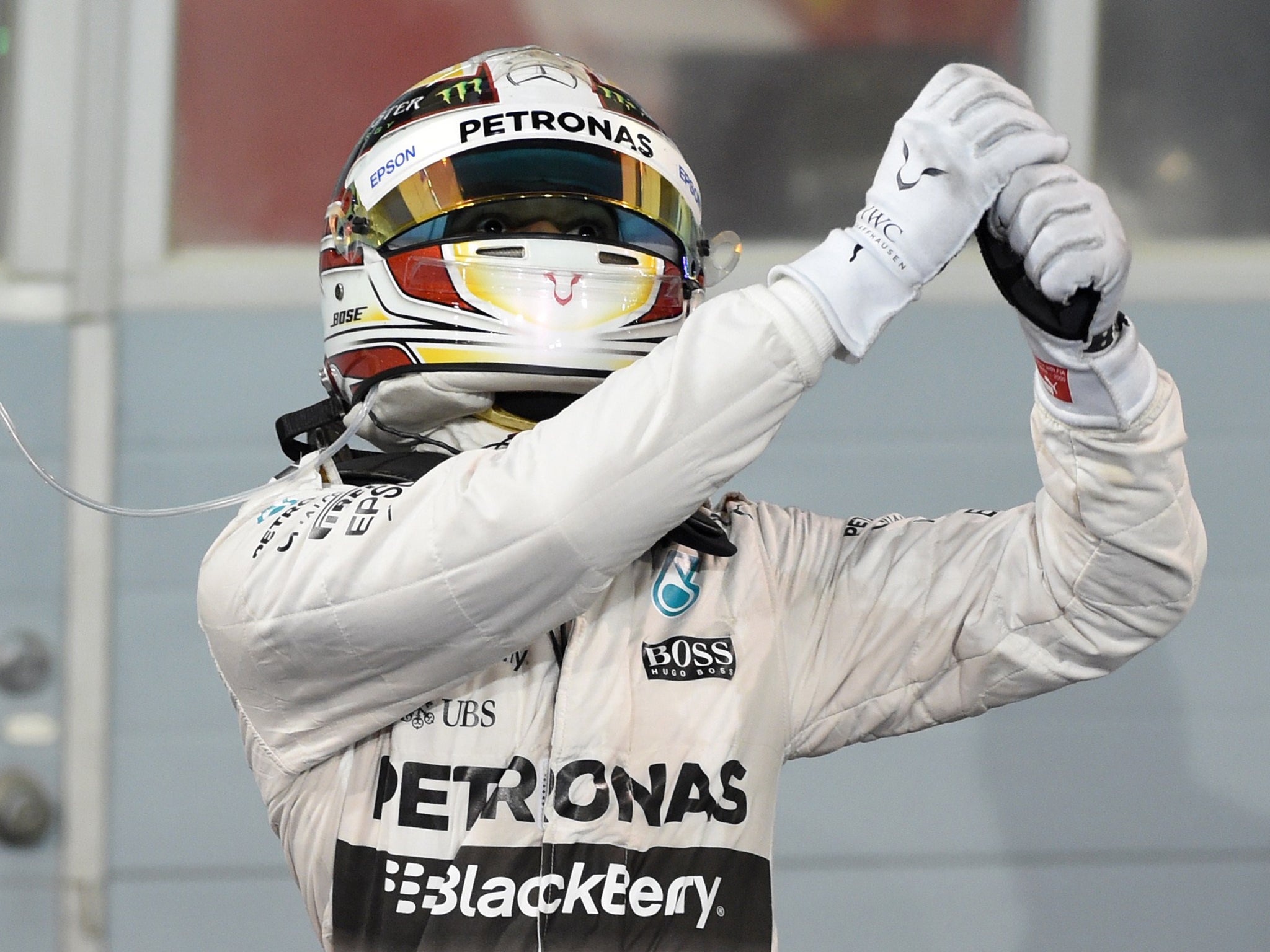 Lewis Hamilton celebrates at the Bahrain Grand Prix