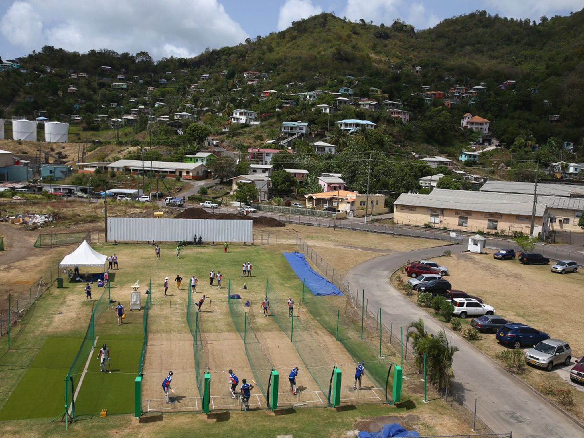 England’s players go through their paces in the nets at the National Cricket Ground Stadium in St George on Monday