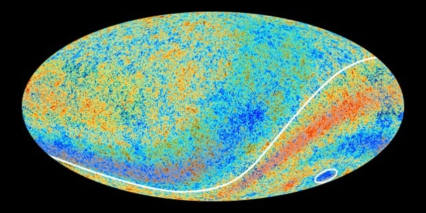 An image from the Planck telescope shows the Cold Spot, circled in white