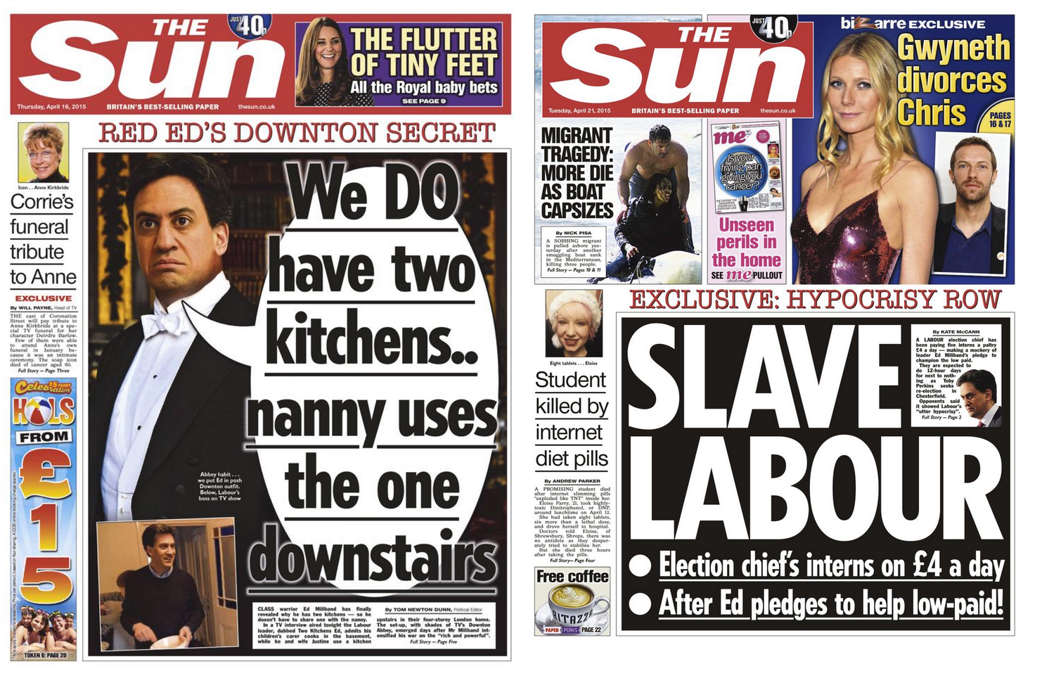 Two Sun front pages from the last week