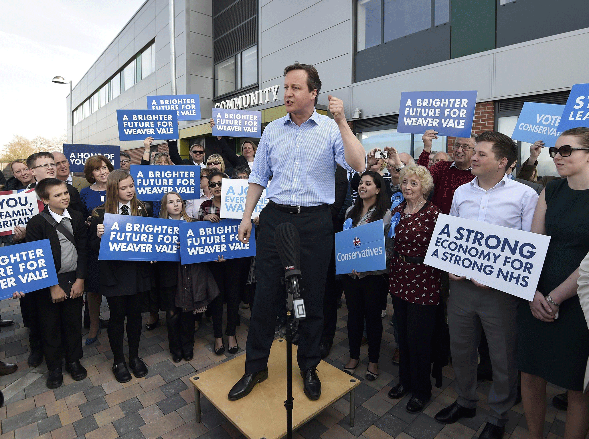 On the campaign trail: Prime Minister David Cameron delivers a speech in Weaver Vale, Cheshire