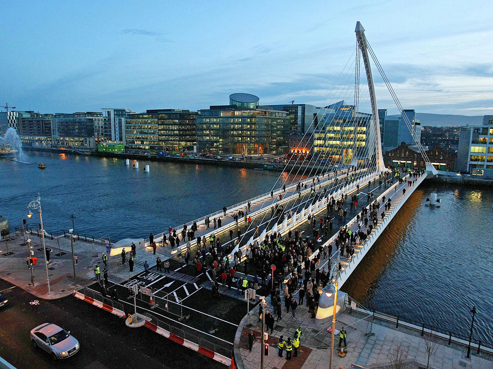 A general view of the new Samuel Beckett bridge in Dublin, Ireland, after its official opening, on December 10, 2009. The bridge was designed by world-renowned Spanish architect Santiago Calatrava to reduce vehicular traffic in Dublin's city centre, the Samuel Beckett Bridge unites the north and south sides of the River Liffey, creating a necessary link between the two regions. To avoid disturbing maritime traffic, Calatrava also designed the bridge with the ability to rotate 90 degrees horizontally, enabling ships to pass.