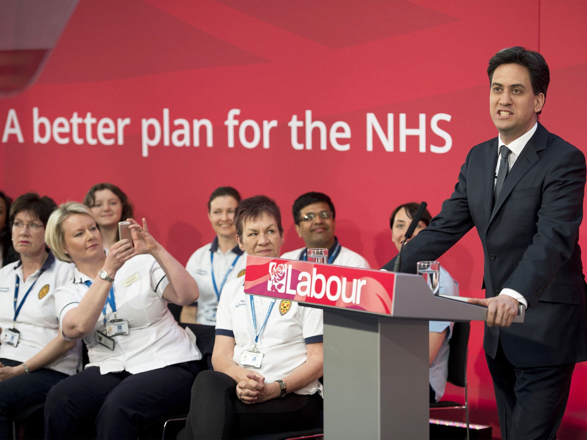 Ed Miliband addresses an audience in the Brooks Building of Manchester Metropolitan University on the subject of healthcare