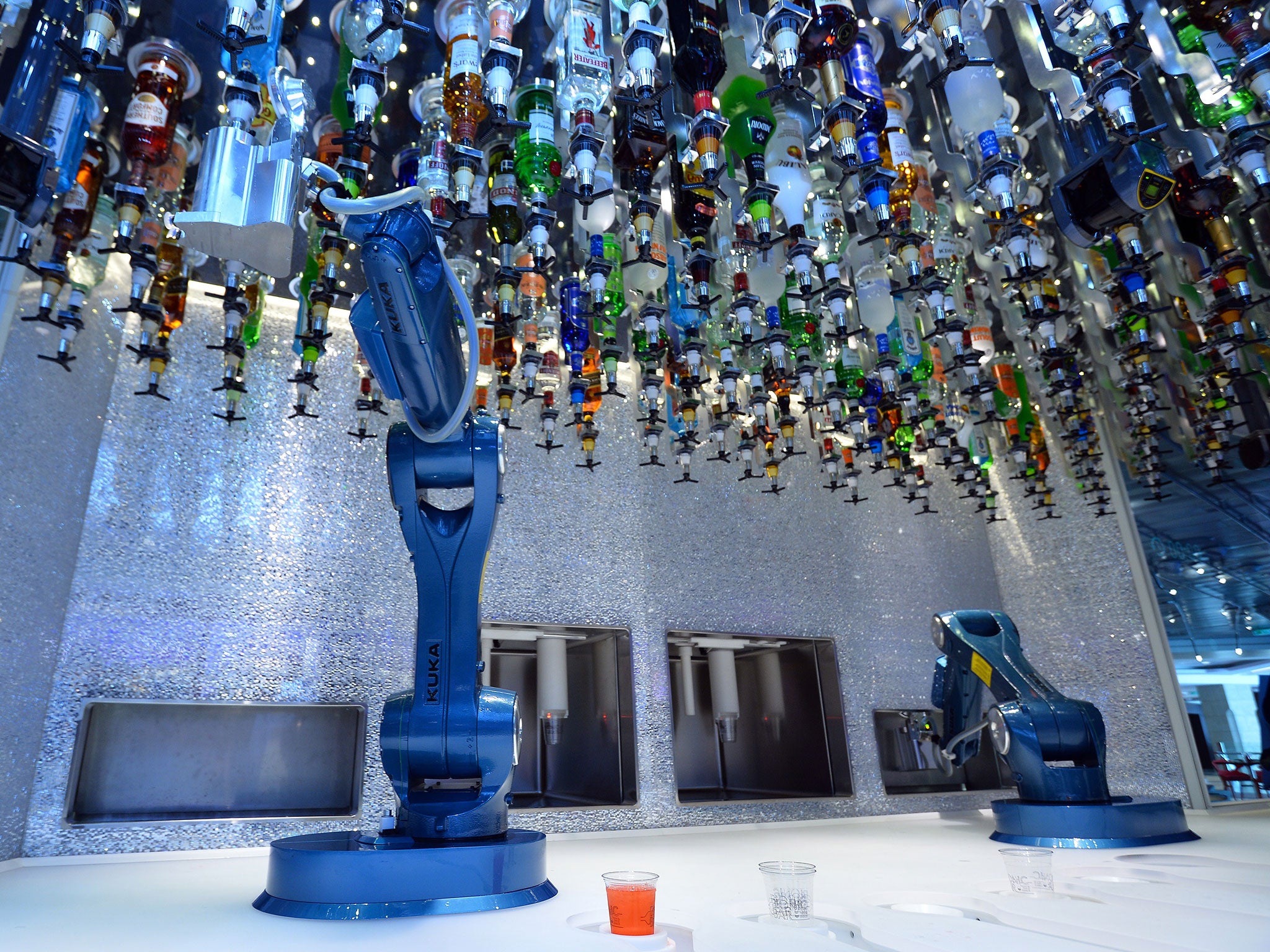 Robots make cocktails, ordered via a tablet in the bionic bar on board Royal Caribbean's latest cruise liner 'The Anthem Of The Seas', a 4,905-passenger ship which is docked in Southampton. The ship is billed as the most technologically advanced cruise ve
