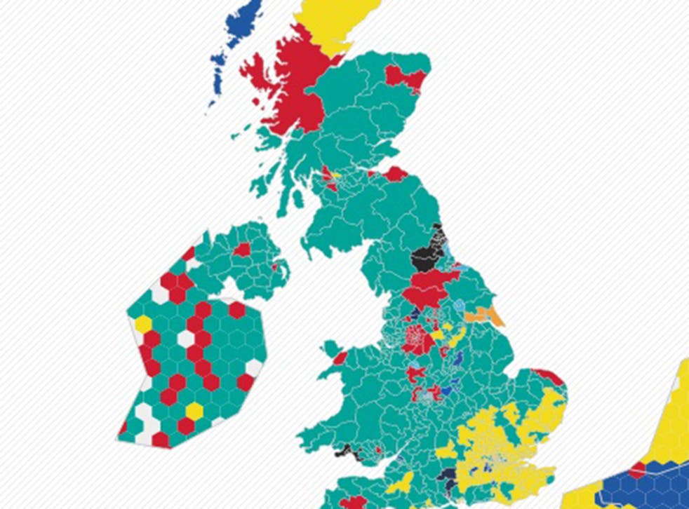 The Twitter map of Premier League followers in the UK - green being Liverpool, red Arsenal, yellow Manchester United