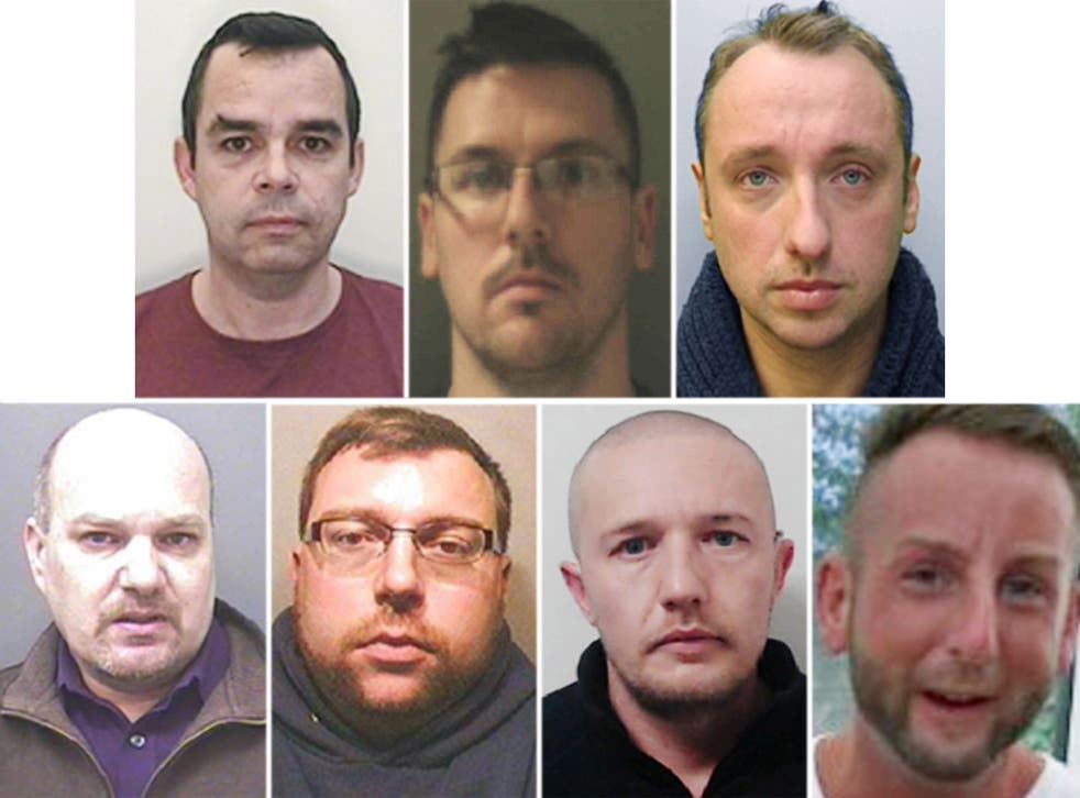 The gang of paedophiles: (top row, left to right) John Denham, Matthew Stansfield, Matthew Lisk, (bottom row) David Harsley, Robin Hollyson, Chris Knight and Adam Toms