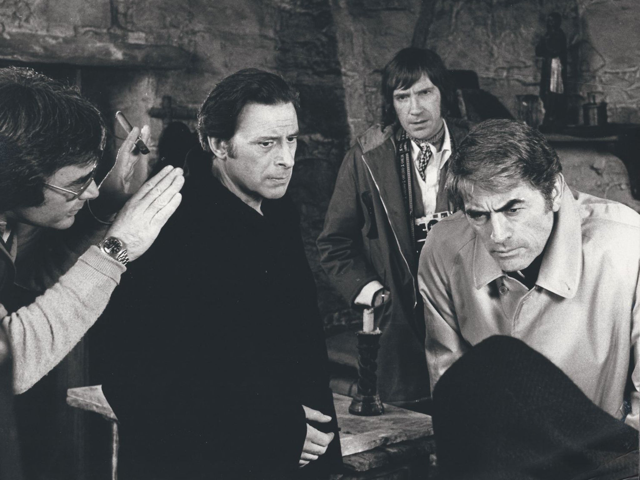 Rietti, left, as a monk in ‘The Omen’, with Gregory Peck, right, and David Warner, centre