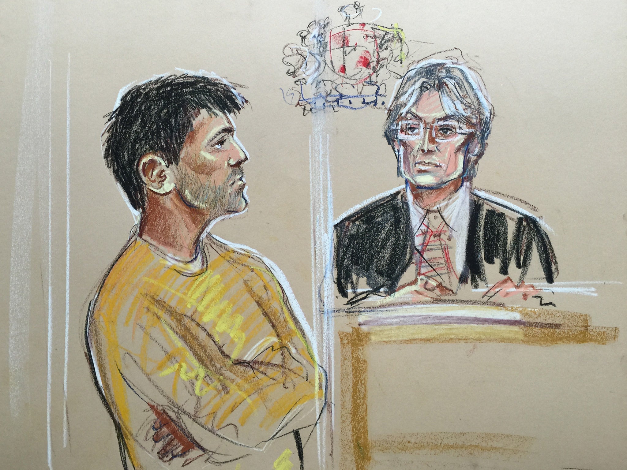 A court sketch shows Navinder Singh Sarao opposing his
extradition to the US at Westminster magistrates’ court