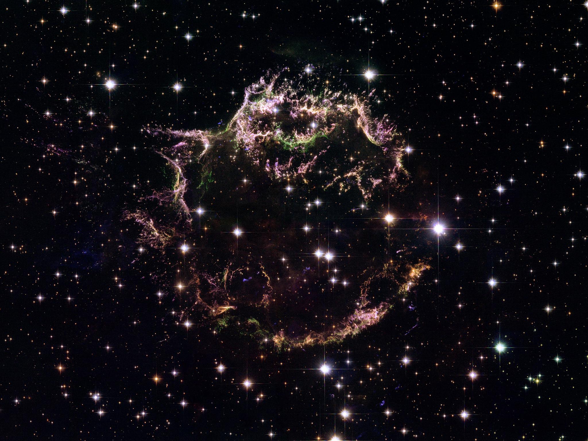 The Hubble Space Telescope shows the tattered remains of a supernova explosion known as Cassiopeia A. It is the youngest known remnant from a supernova explosion in the Milky Way