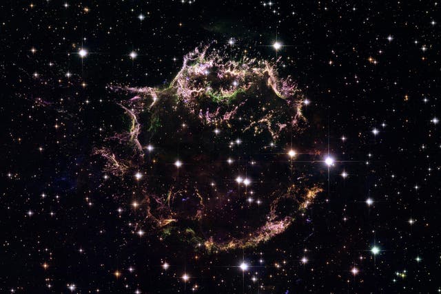 The Hubble Space Telescope shows the tattered remains of a supernova explosion known as Cassiopeia A. It is the youngest known remnant from a supernova explosion in the Milky Way