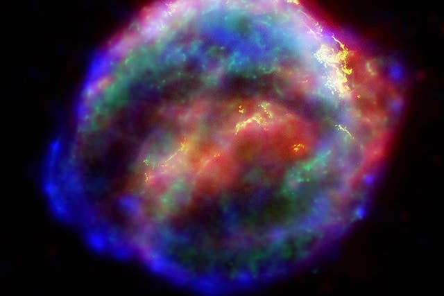 Kepler's supernova remnant produced by combining data from NASA's three Great Observatories the Hubble Space Telescope, the Spitzer Space Telescope, and the Chandra X-ray Observatory