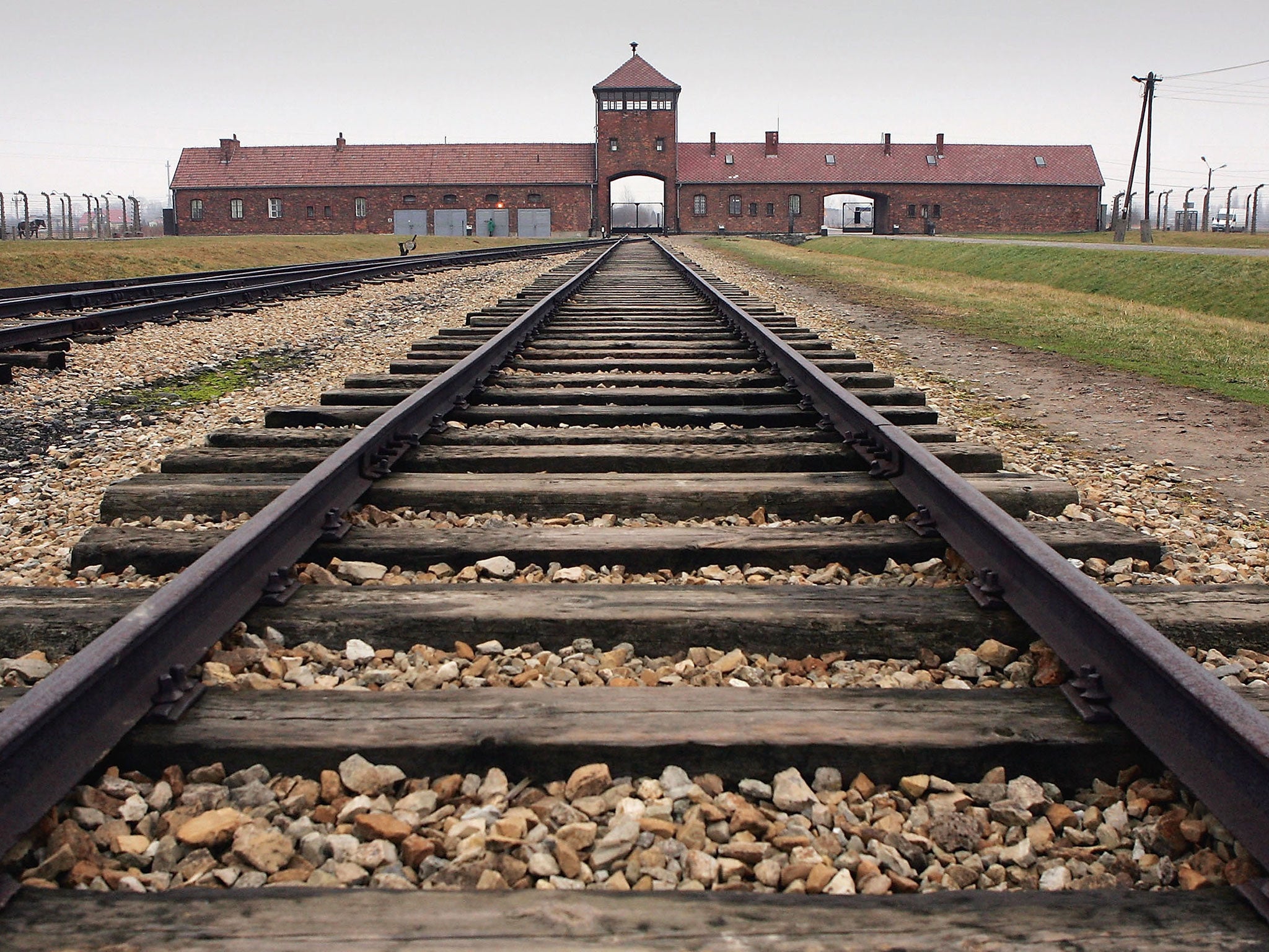 The railway tracks leading to the main gates at Auschwitz - Birkenau