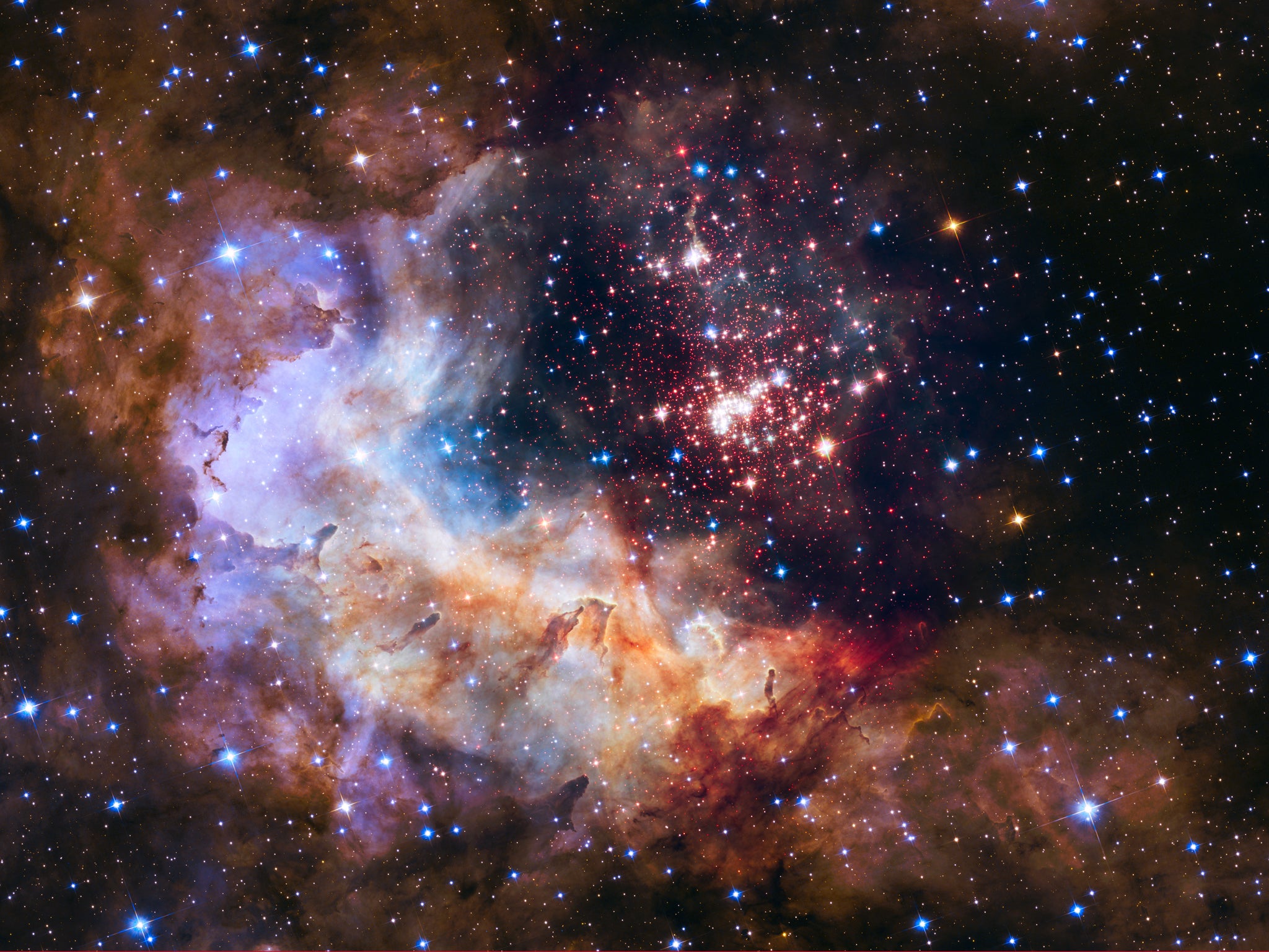 This glittering tapestry of young stars flaring into life in the star cluster Westerlund 2 has been released to celebrate the NASA/ESA Hubble Space Telescope’s 25th year in orbit and a quarter of a century of discoveries, stunning images and outstanding s