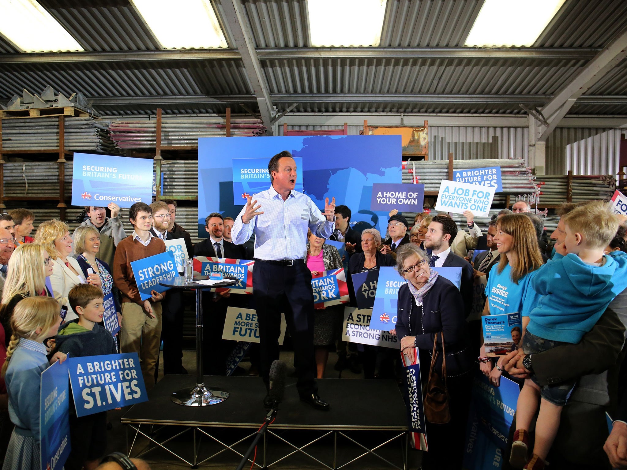 Prime Minister David Cameron speaks during a campaign visit to Chris Sedgeman Scaffolding in Penzance