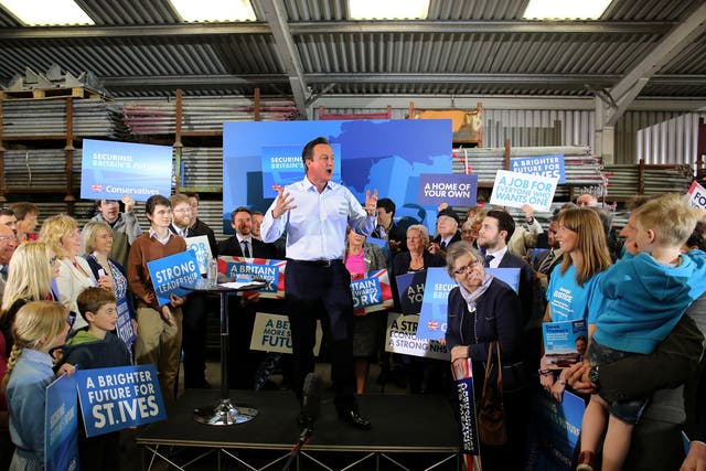 Prime Minister David Cameron speaks during a campaign visit to Chris Sedgeman Scaffolding in Penzance
