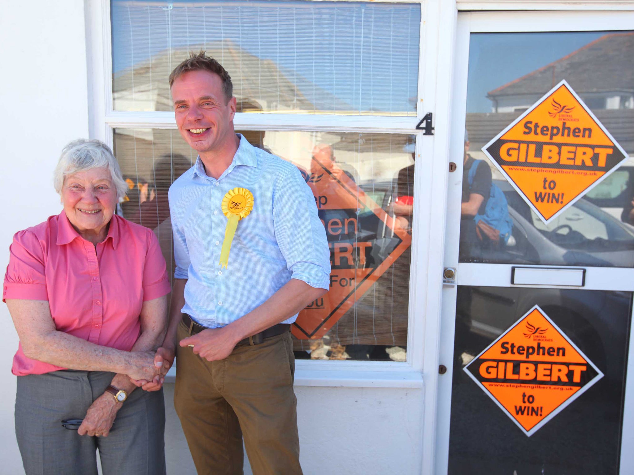 Stephen Gilbert, Lib Dem candidate for St Austell and Newquay, campaigning with Baroness Shirley Williams