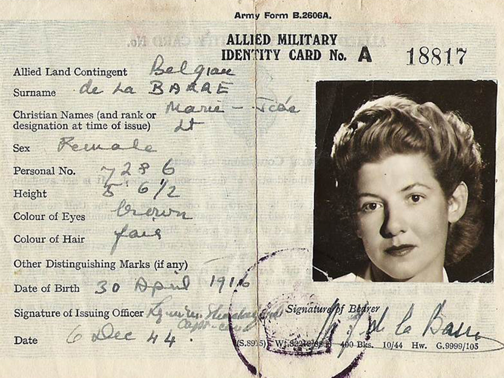 Villiers' military identity card, issued in 1944 after she had escaped to Britain