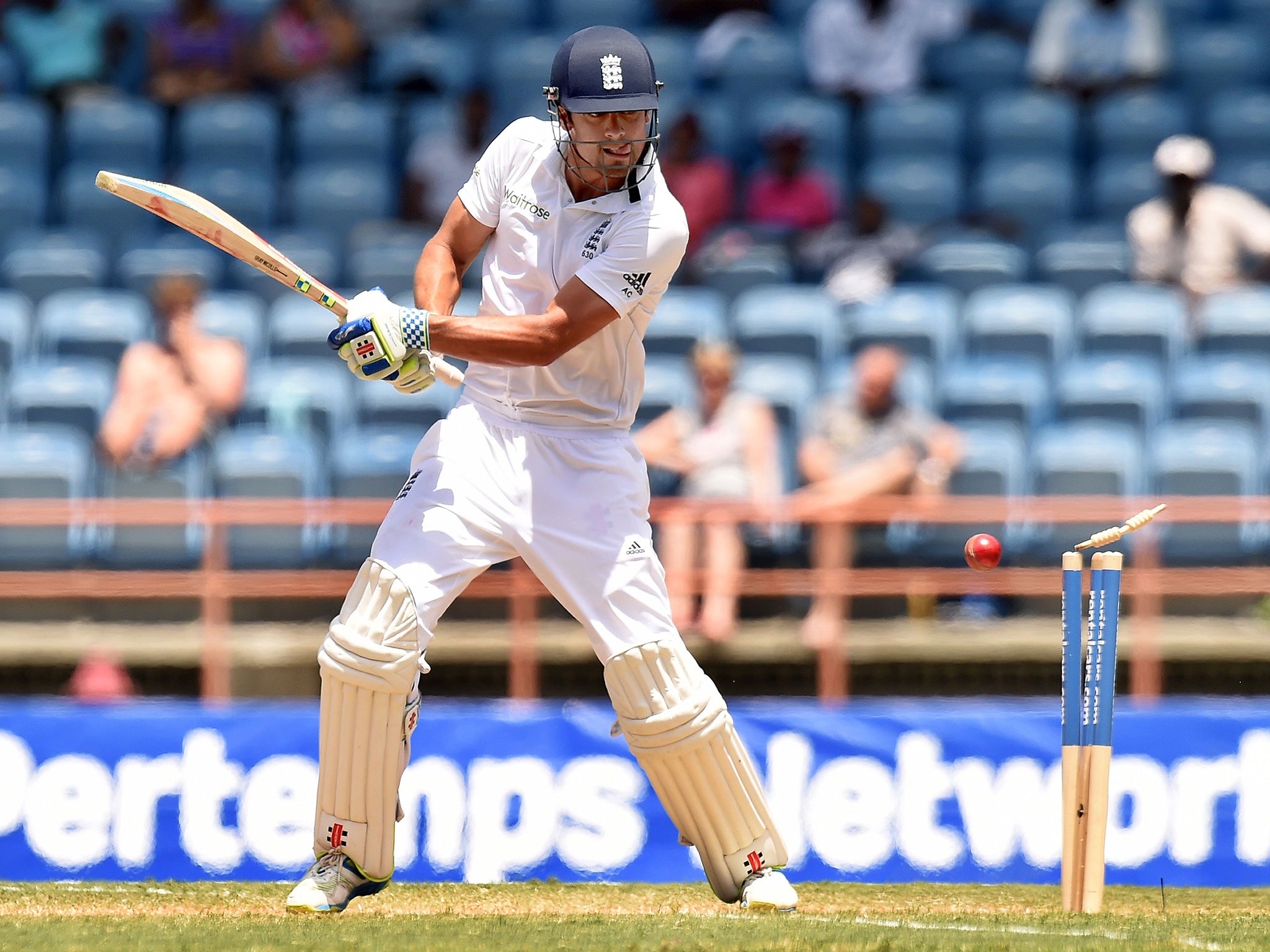 Alastair Cook, the England captain, is bowled for 76 by West Indies’ Shannon Gabriel (AFP/Getty)