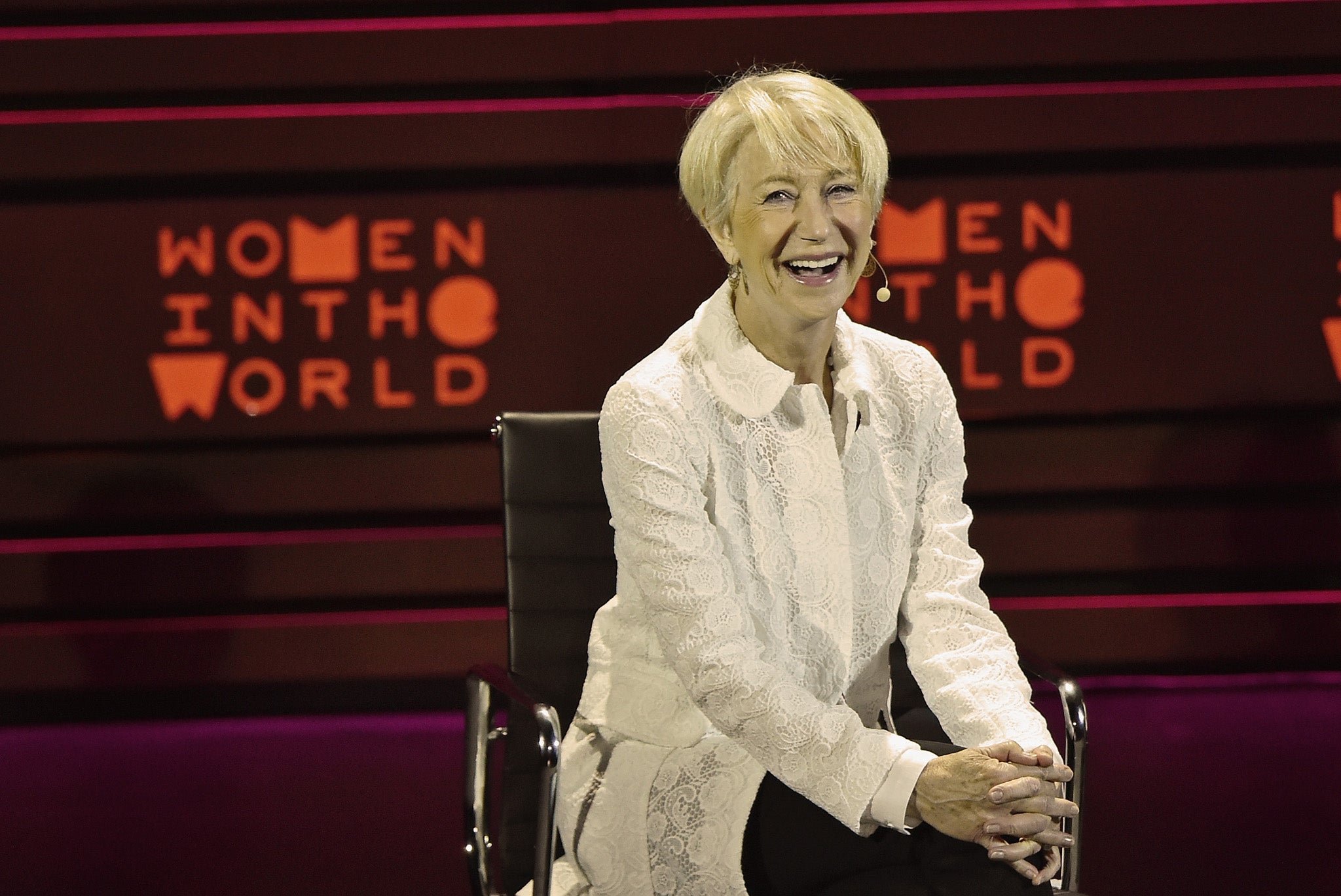 Helen Mirren speaking at the Women Into the World summit in New York