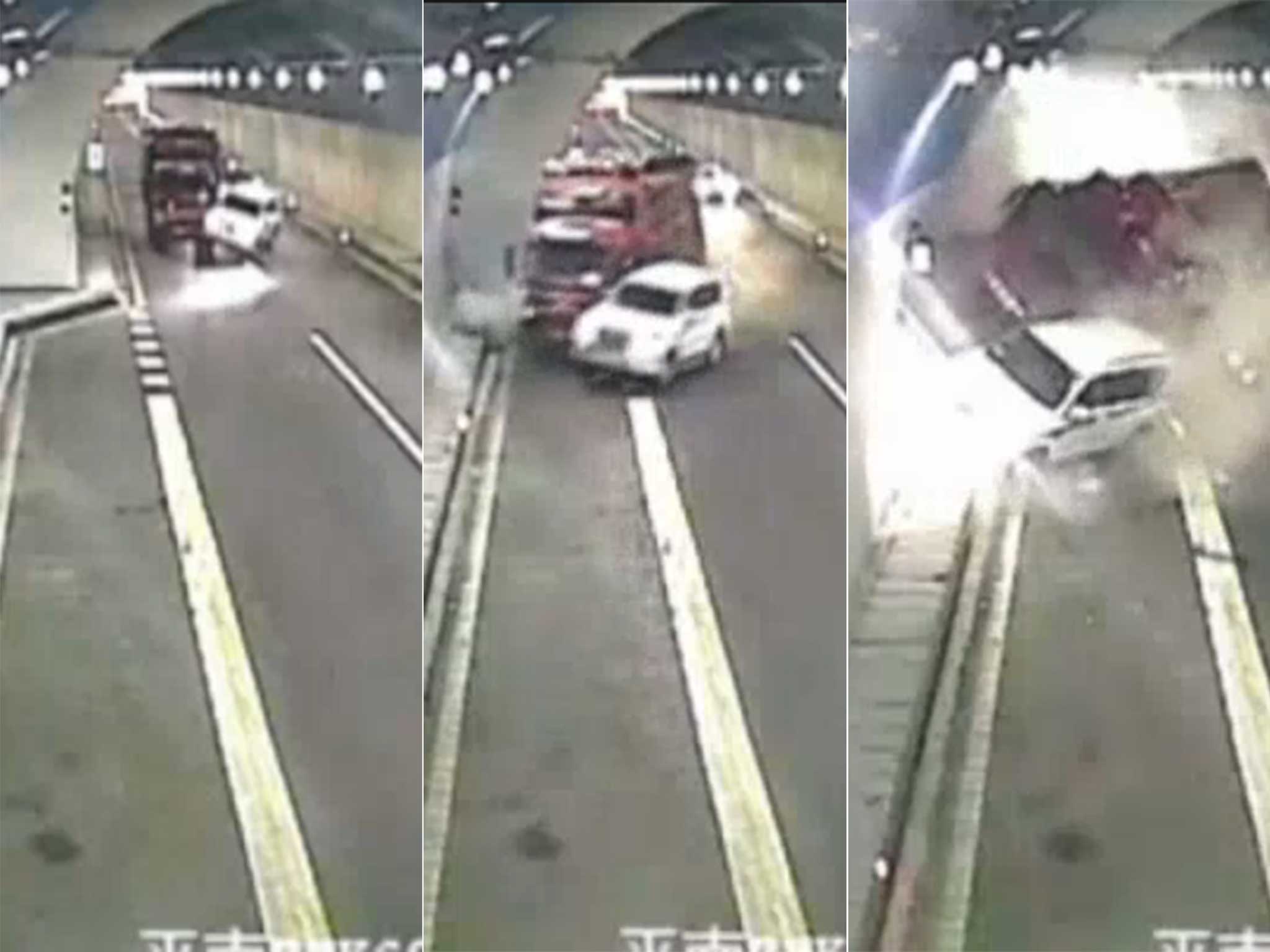 CCTV captured the dramatic crash in a tunnel