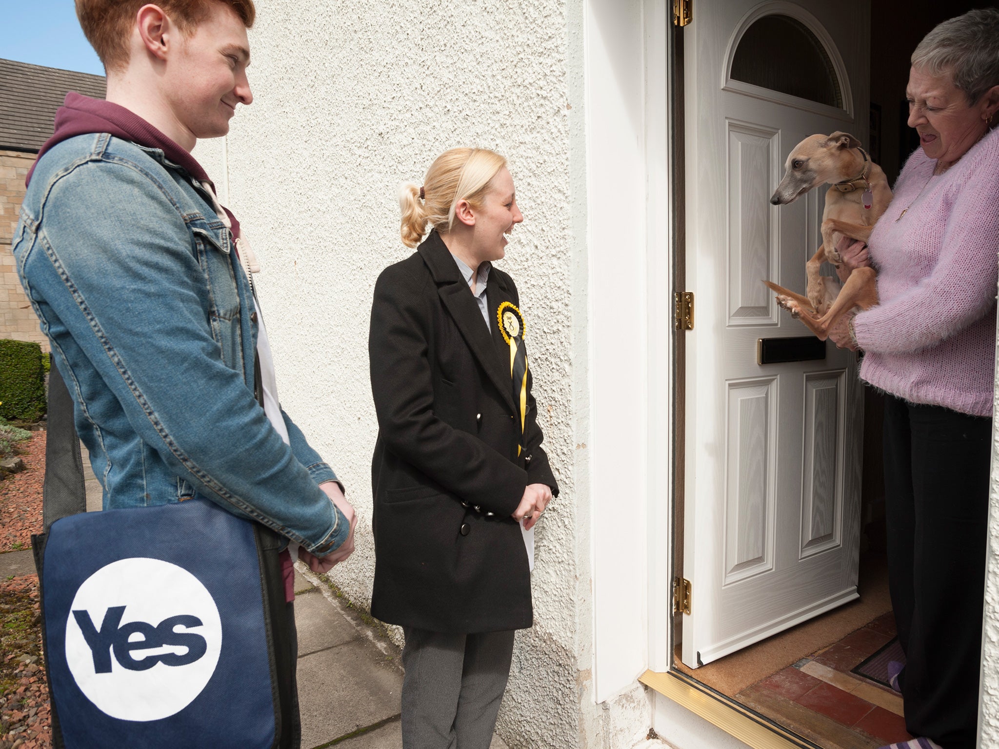 Mhairi Black, SNP candidate, talks to Margaret Donnan in Paisley