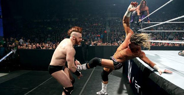 Sheamus is kicked by Dolph Ziggler