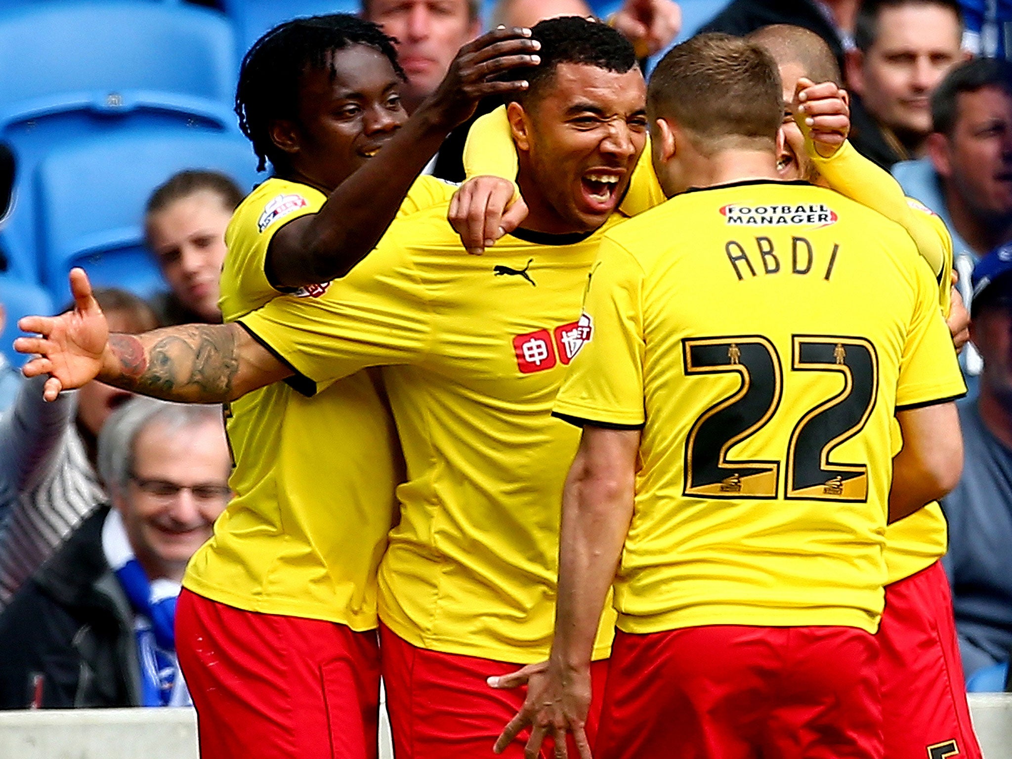 Watford players celebrate after Troy Deeney scored to put the Hornets ahead