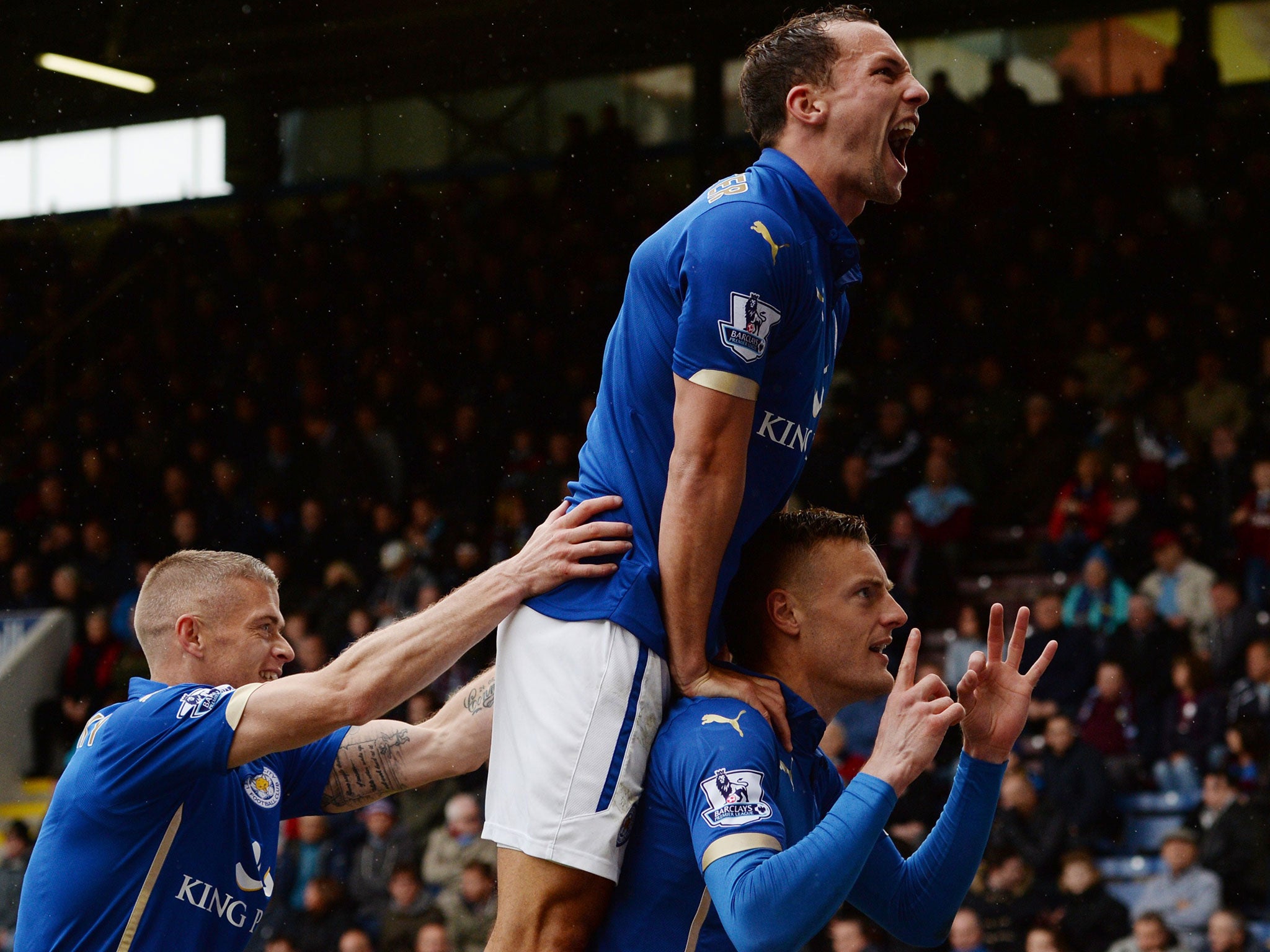 Leicester celebrate Jamie Vardy's winner against Burnley
