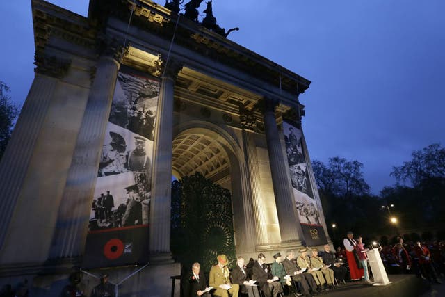 Prayers at Saturday's Anzac Day service at London’s Wellington Arch