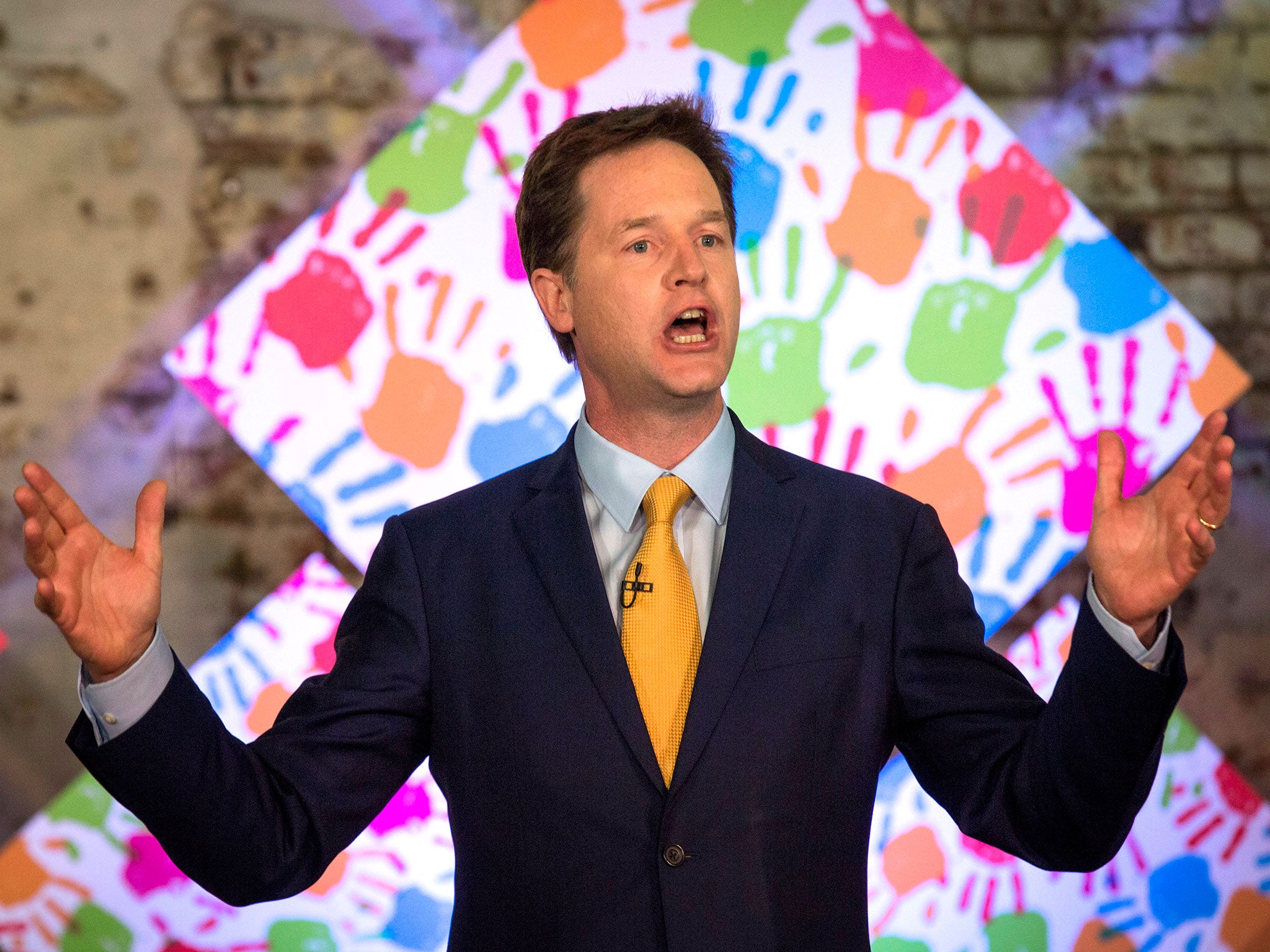Nick Clegg speaking at the launch of his party's manifesto for the 2015 general election in Battersea, London