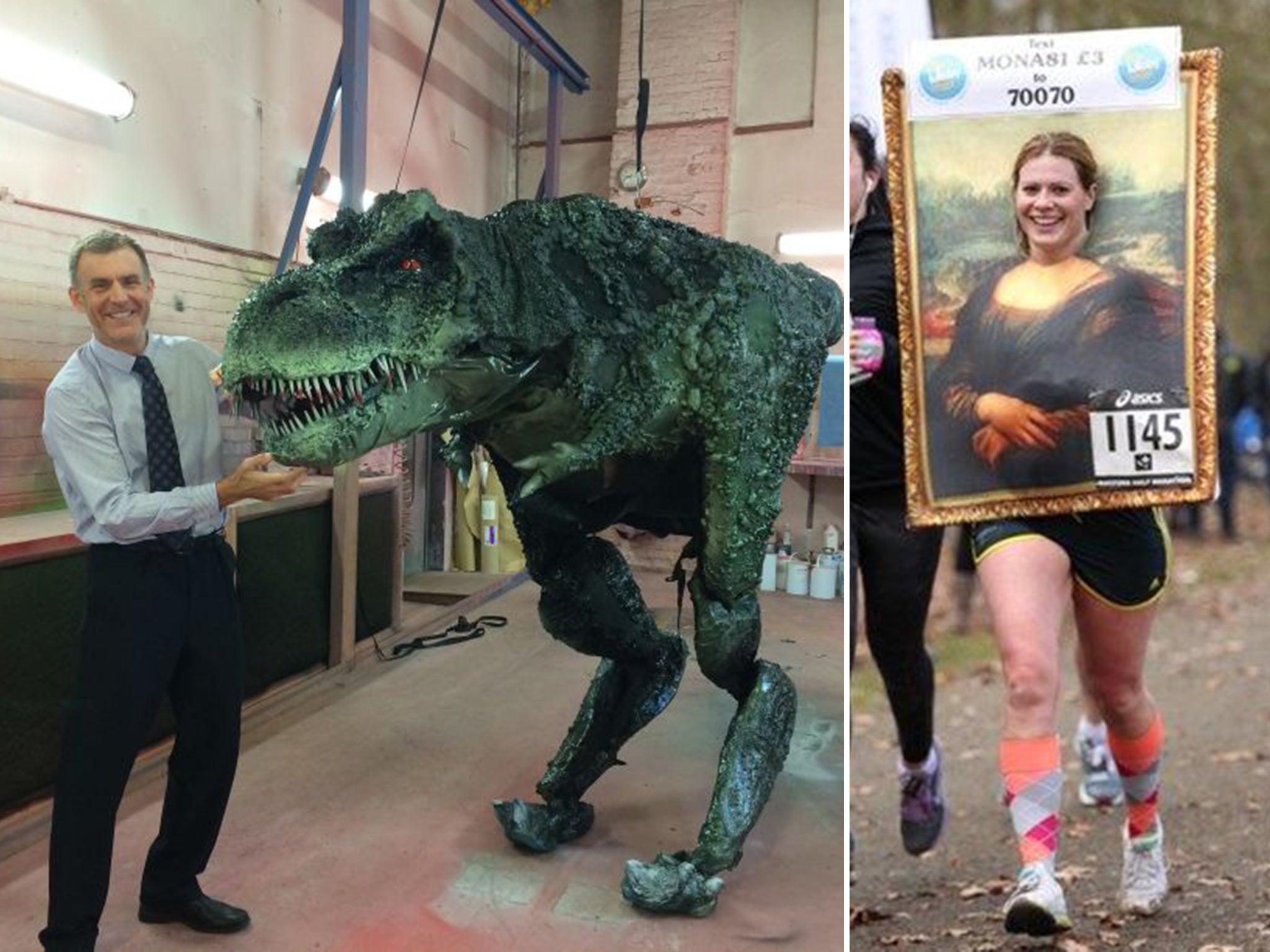 Ian Bates with the dinosaur costume in which he runs the Marathon, and Gemma Kirkham, who this year will be dressed as Mona Lisa