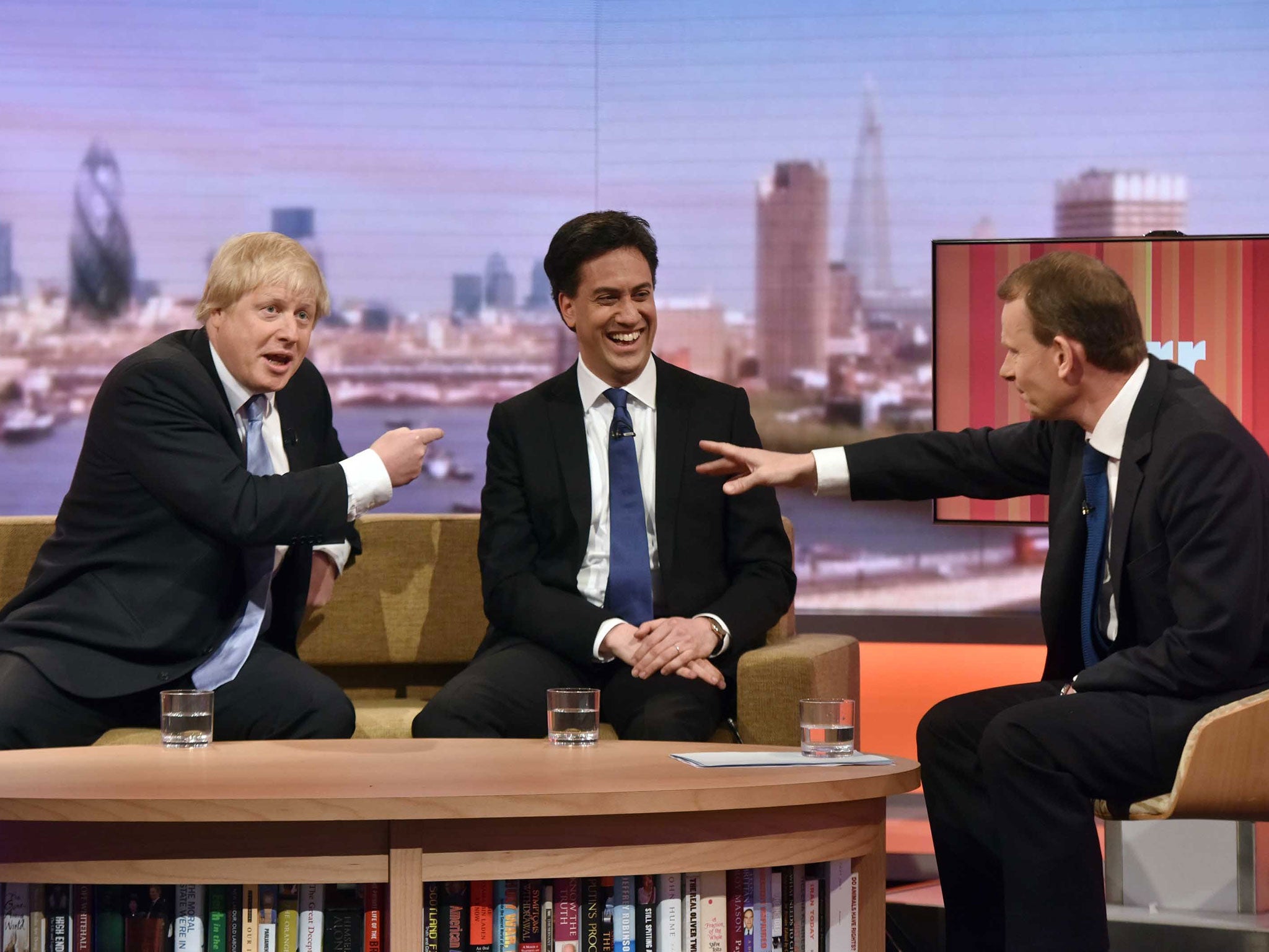 Boris Johnson, Labour Party leader Ed Miliband and Andrew Marr appearing on BBC One's The Andrew Marr Show