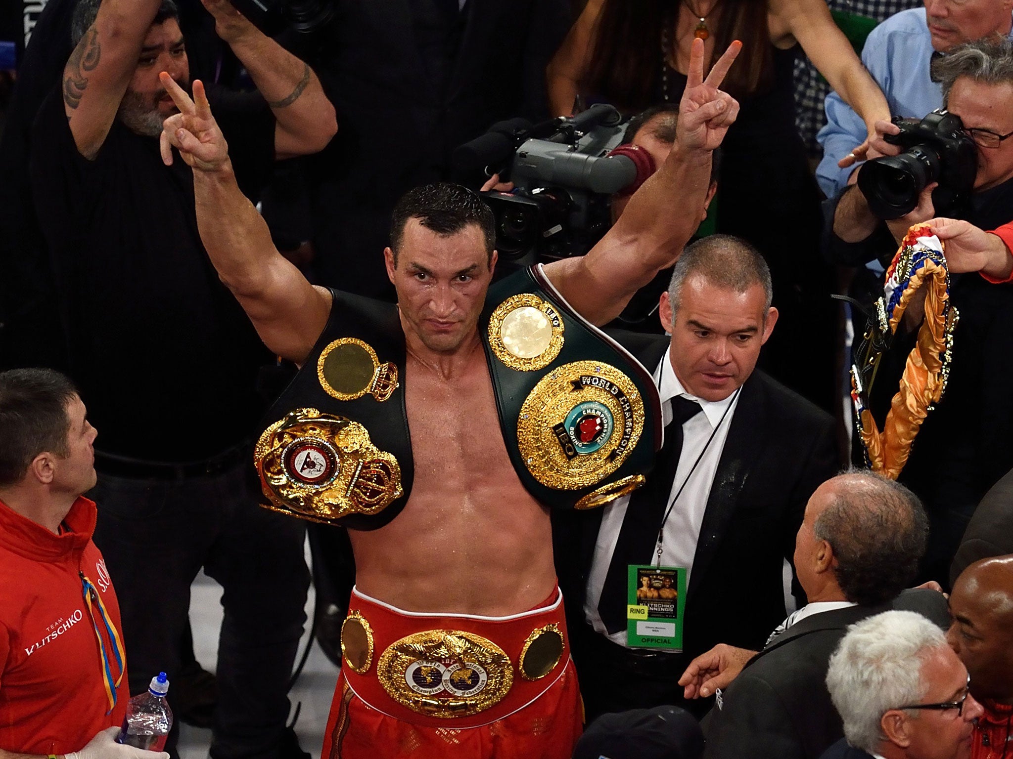 Wladimir Klitschko celebrates his win over Bryant Jennings back in April