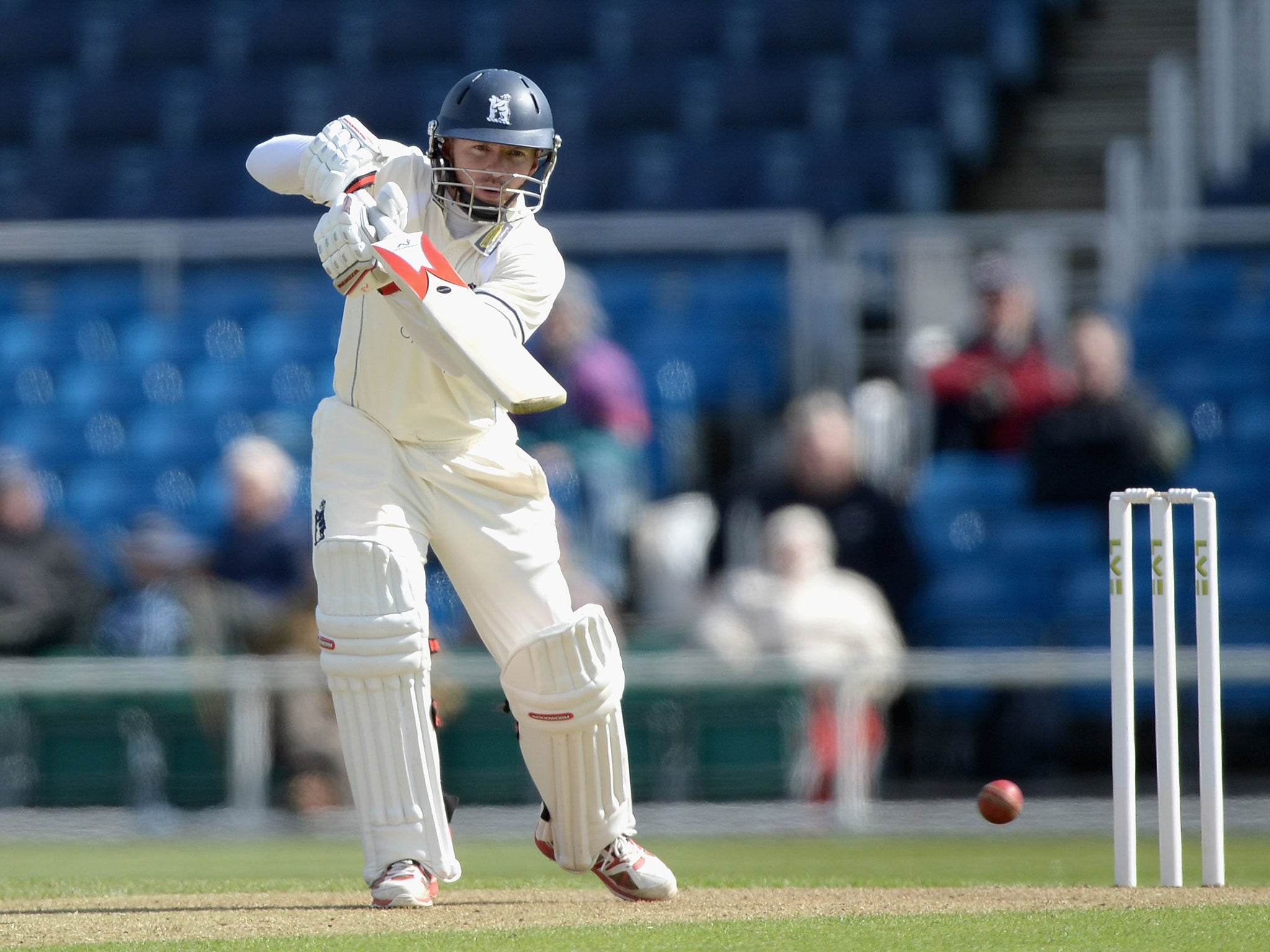 Warwickshire’s opening batsman Ian Westwood drives through the covers against last season’s champions Yorkshire