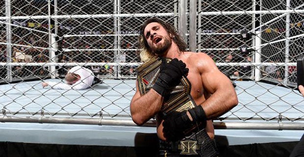 Seth Rollins celebrates his victory over Randy Orton