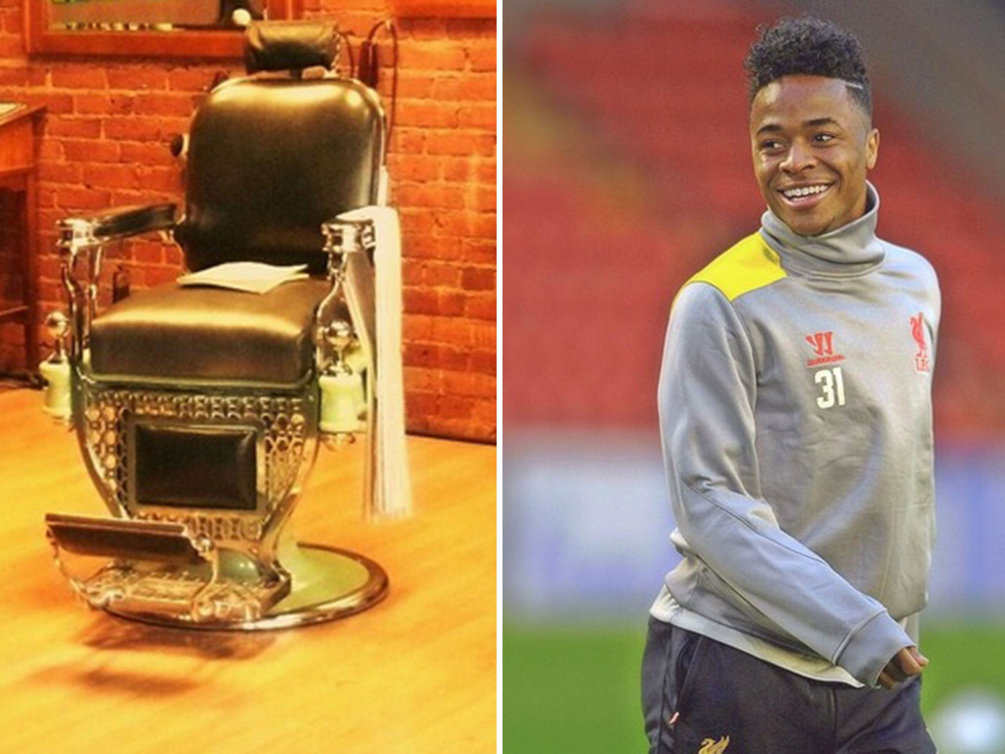 Raheem Sterling (right) and a barber shop chair, one of which can be found in his house