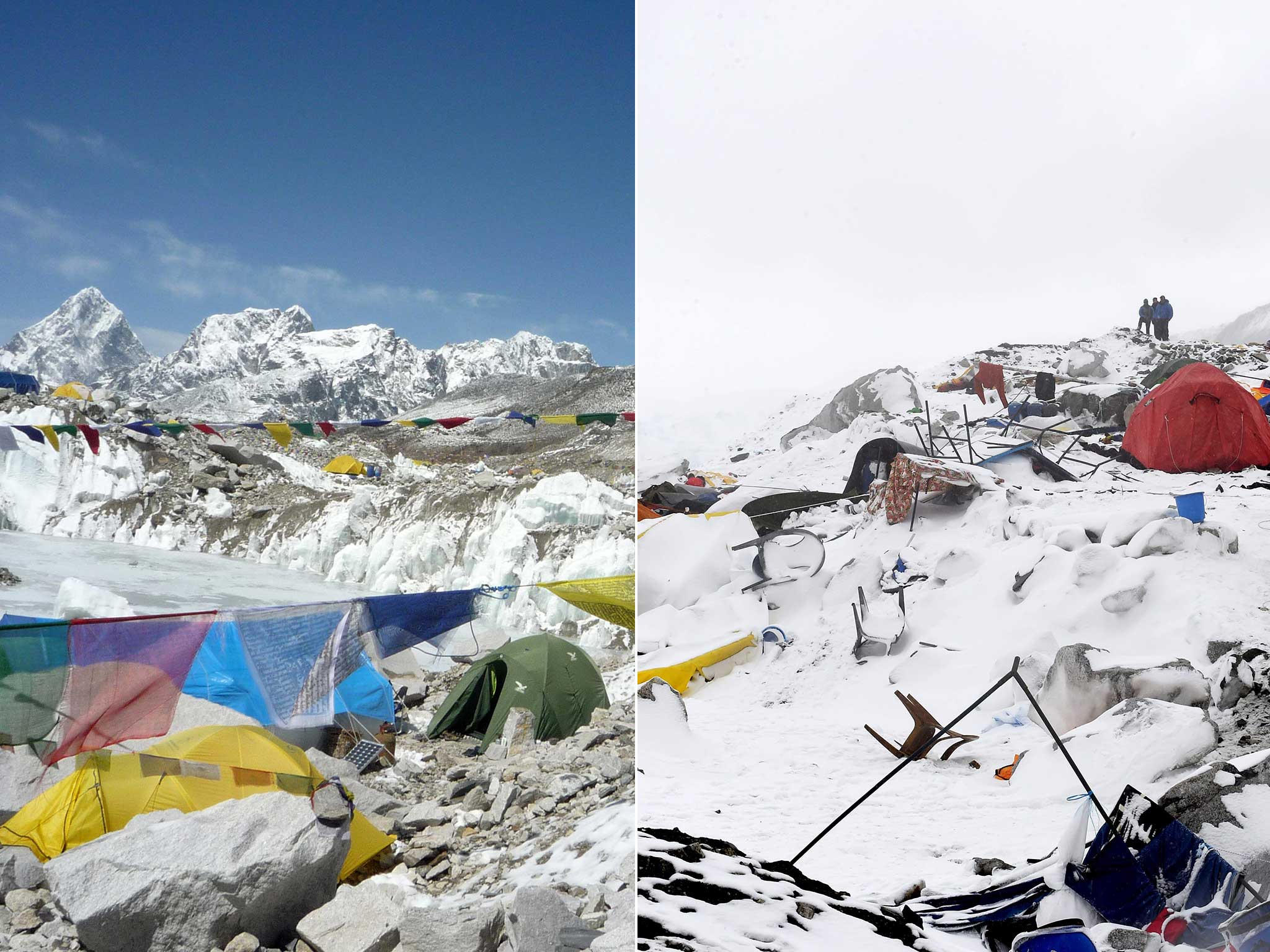 A general shot of Everest Base Camp 1 (taken 2009) and the scene after the avalanche this weekend