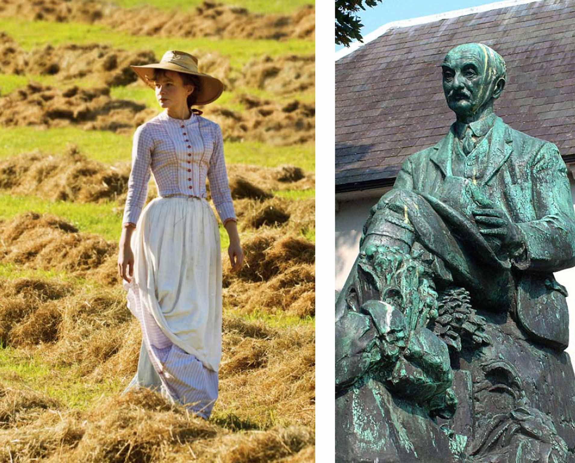 Carey Mulligan in the new Far From the Madding Crowd adaptation, and the Hardy statue in Dorchester