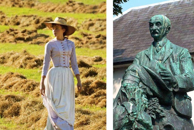 Carey Mulligan in the new Far From the Madding Crowd adaptation, and the Hardy statue in Dorchester