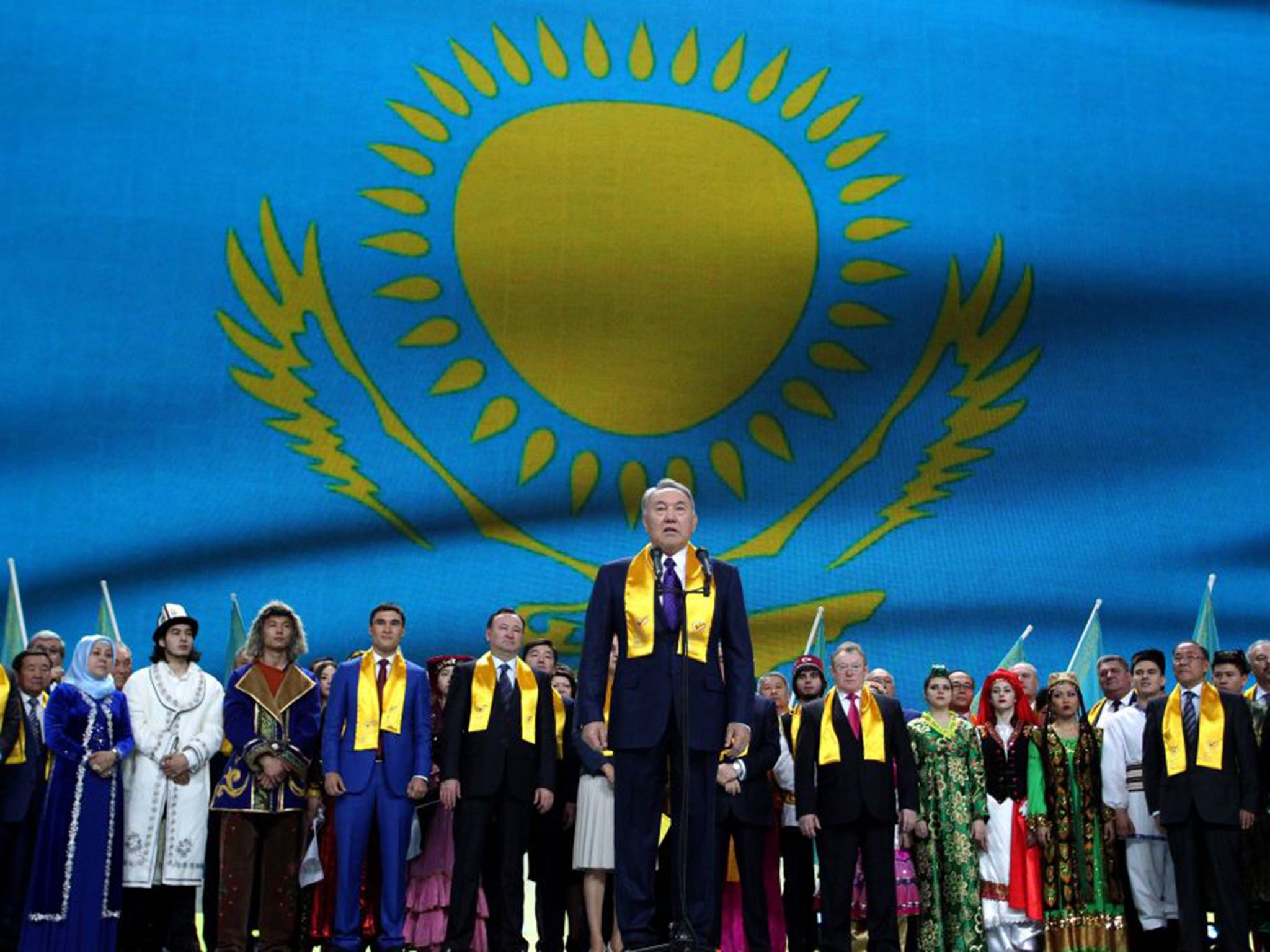 The Kazakh President, Nursultan Nazarbayev, at a rally in honour of his victory in Astana